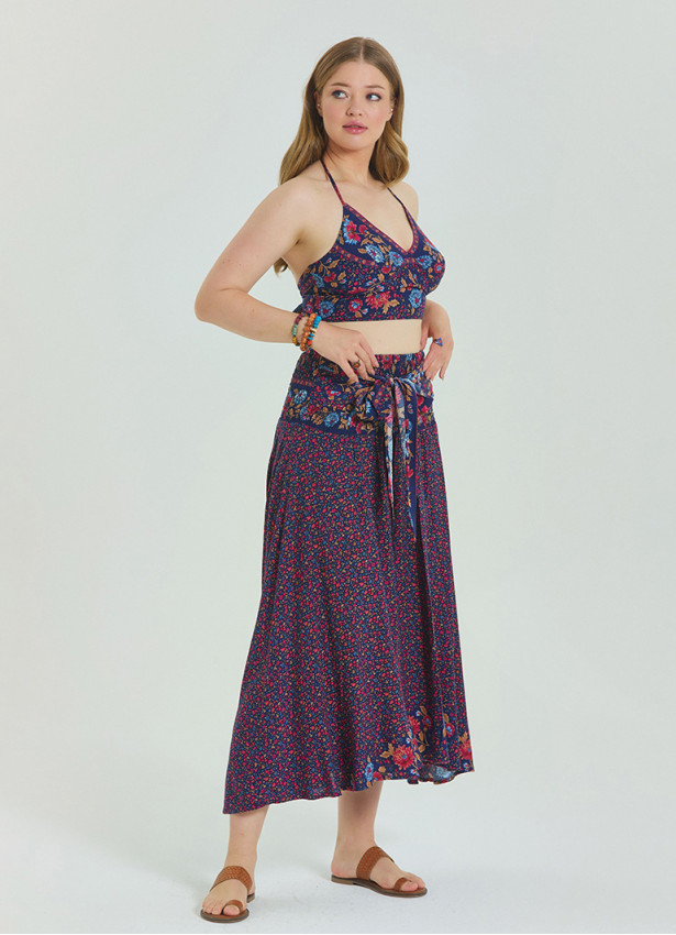 Floral Patterned Loose Asymmetric Plus Size Skirt